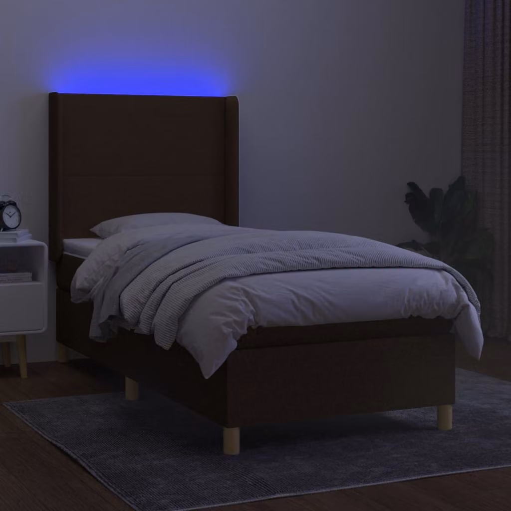 The Living Store Letto a molle con materasso e LED in tessuto marrone scuro 100x200 cm