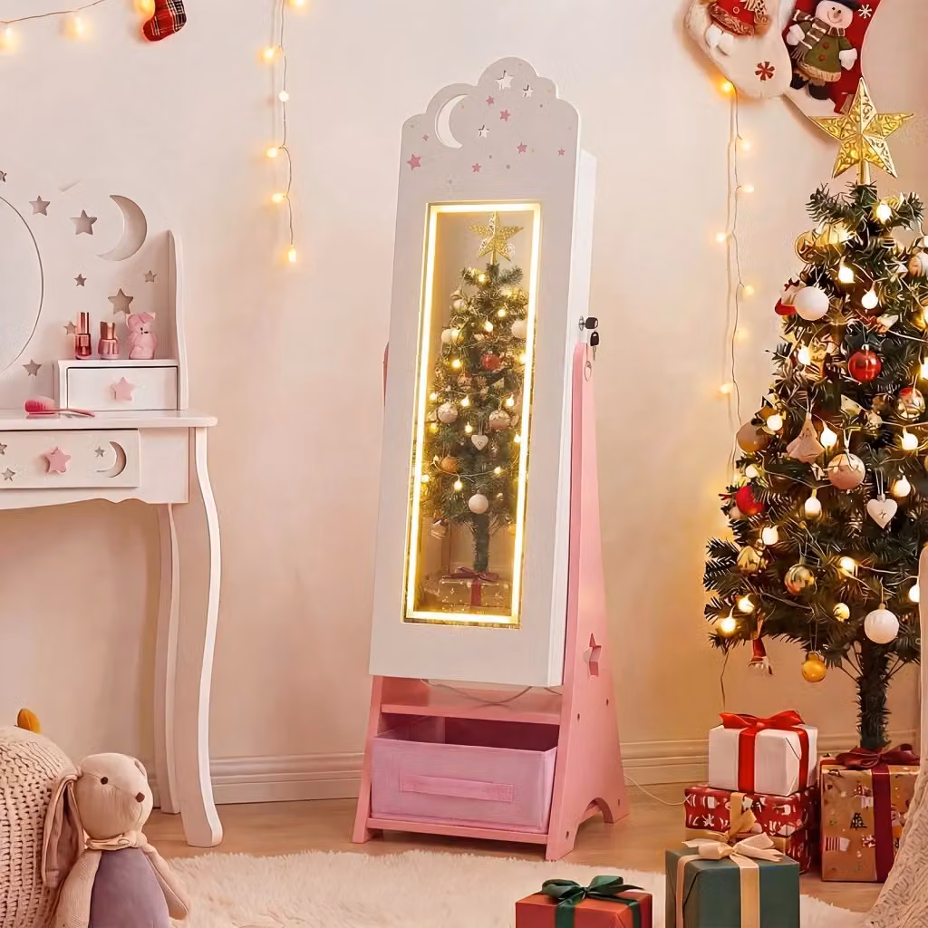 Mobiletto portagioielli Design Mania per bambini con specchio, luci LED e sensore, Bianco, H: 117.5 cm, L: 30.5 cm, P: 30.5 cm – 2