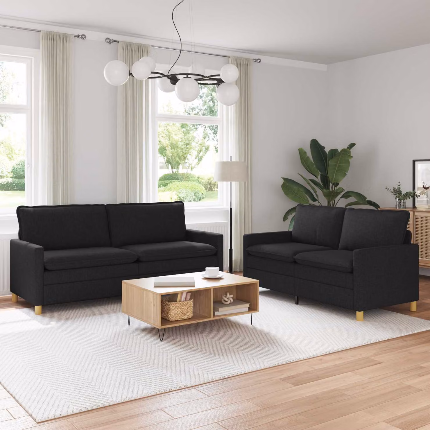 Set di 2 divani moderni vidaXL in tessuto nero con struttura in metallo per soggiorno