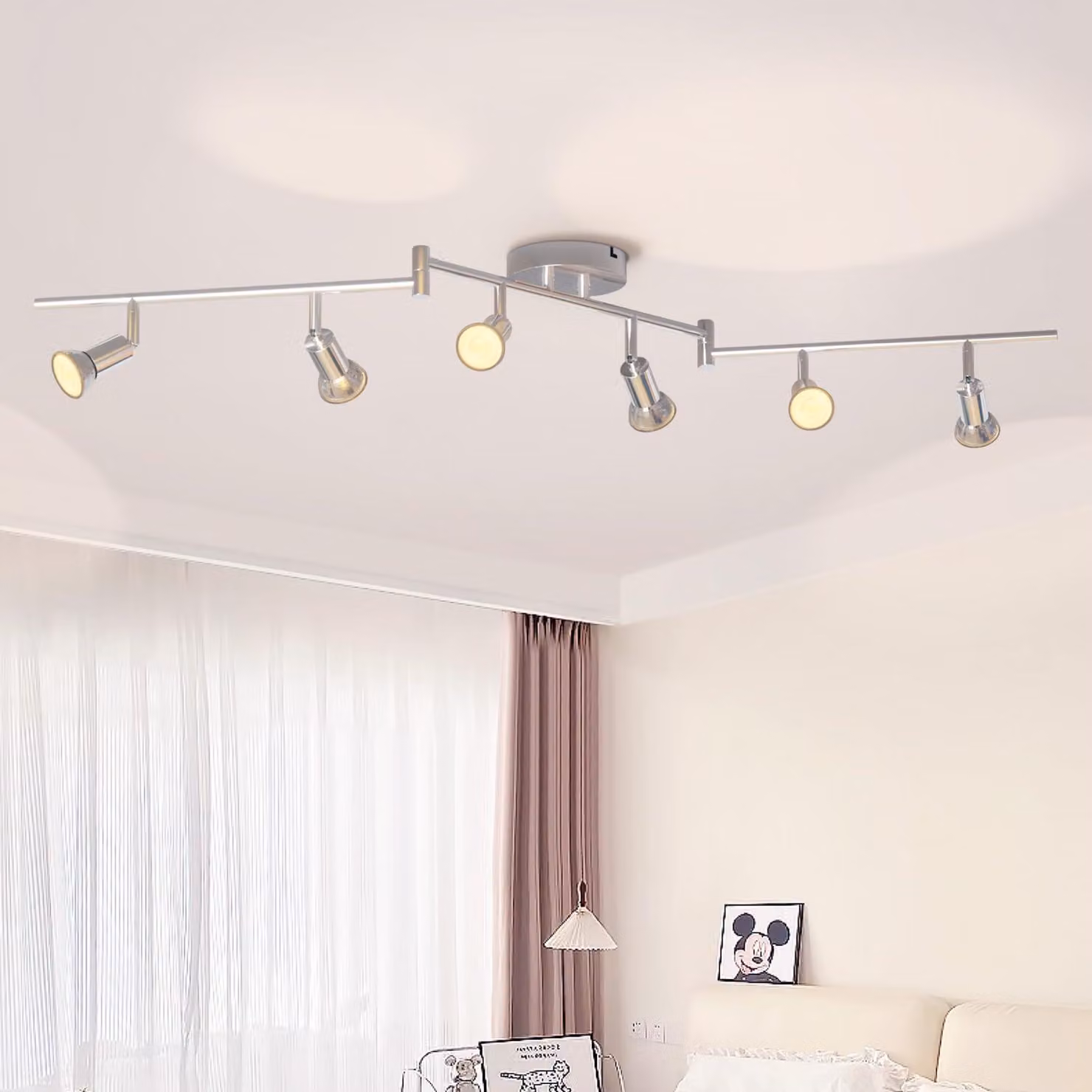LVWIT Plafoniera LED con 6 faretti, attacco GU10, design moderno, finitura cromata, orientabile a 350°, girevole, ideale per cucina, lampada da soffitto, faretto, per soggiorno e camera da letto. (Senza lampadine)
