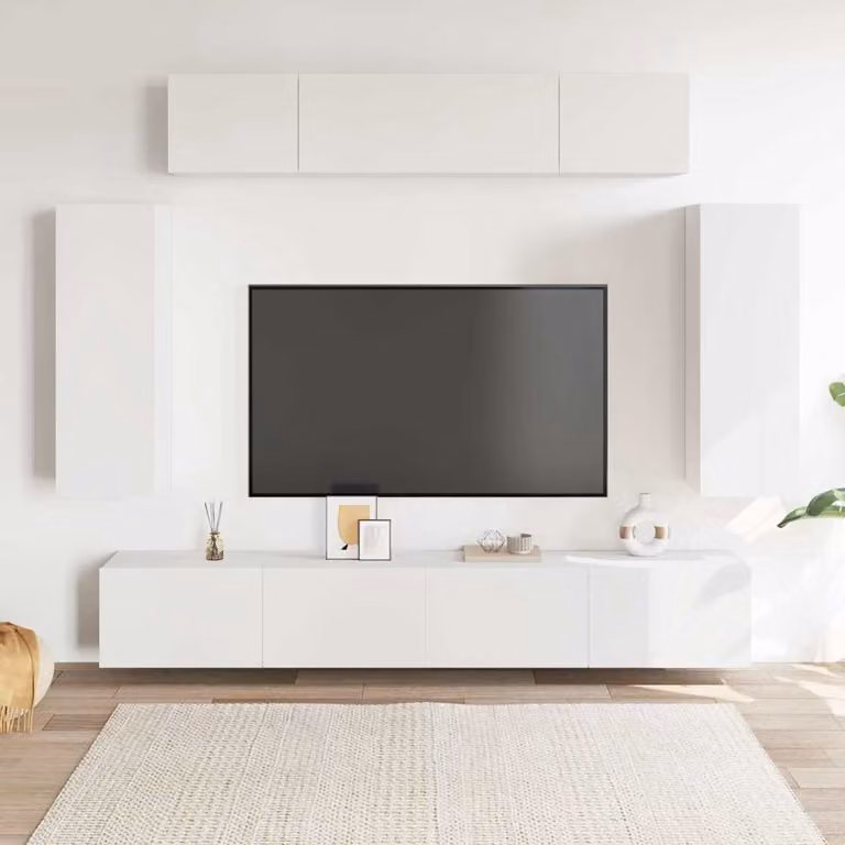 Set di mobili porta TV vidaXL composto da 6 pezzi in legno e MDF, colore bianco opaco, ideale per il tuo soggiorno moderno