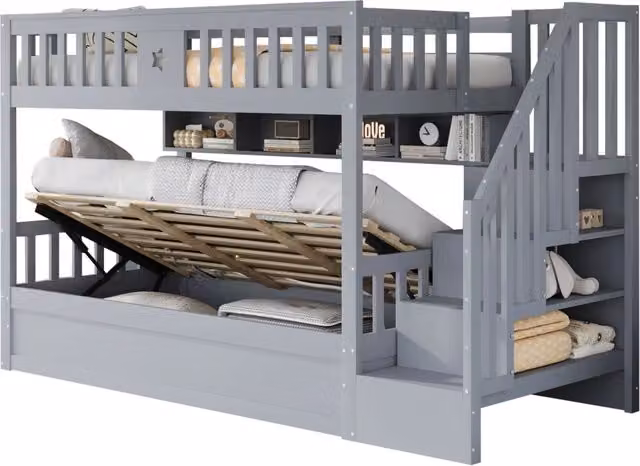 Letto a soppalco 90x200 cm con vano idraulico; scala contenitore e ripiani; grigio