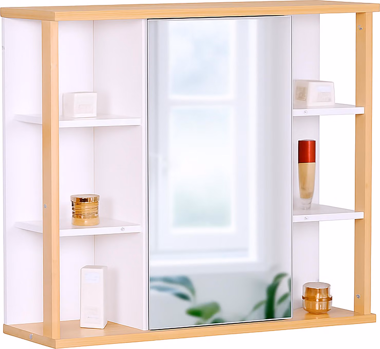 Armadietto a specchio Relaxdays, 6 ripiani, 2 scomparti interni, A x L x P: 64 x 62 x 21 cm, montaggio a parete, mobile da bagno sospeso, bianco/naturale