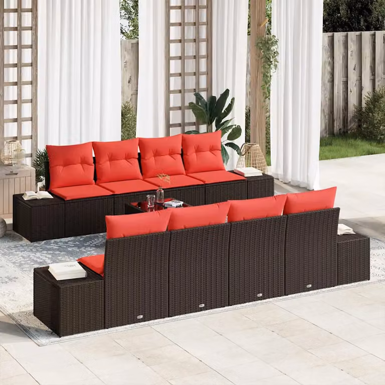 Set Divano da Giardino vidaXL 9 pz in Polyrattan Marrone con Tavolino e Cuscini Resistenti ai Raggi UV