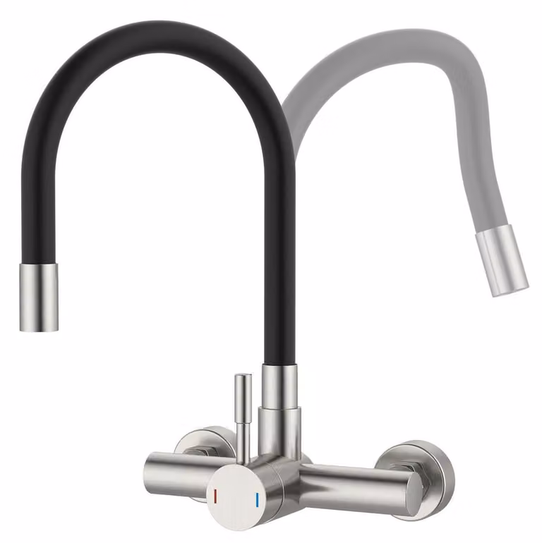 Miscelatore da cucina a parete, con tubo flessibile, girevole a 360°, nero, in acciaio inossidabile