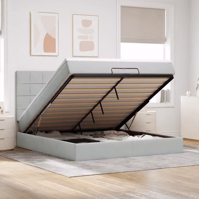 Letto con contenitore a sollevamento vidaXL in velluto con illuminazione sottostante e porta USB, L/P/H: 200 x 200 x 280 cm, Grigio e Bianco – 1