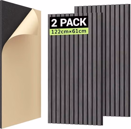 Pannelli Acustici Autoadesivi TONOR in Legno Nero con Nervatura, L/P/H: 122 x 61 x 2,1 cm, Set da 2 Pezzi per Rivestimento Parete e Isolamento Acustico