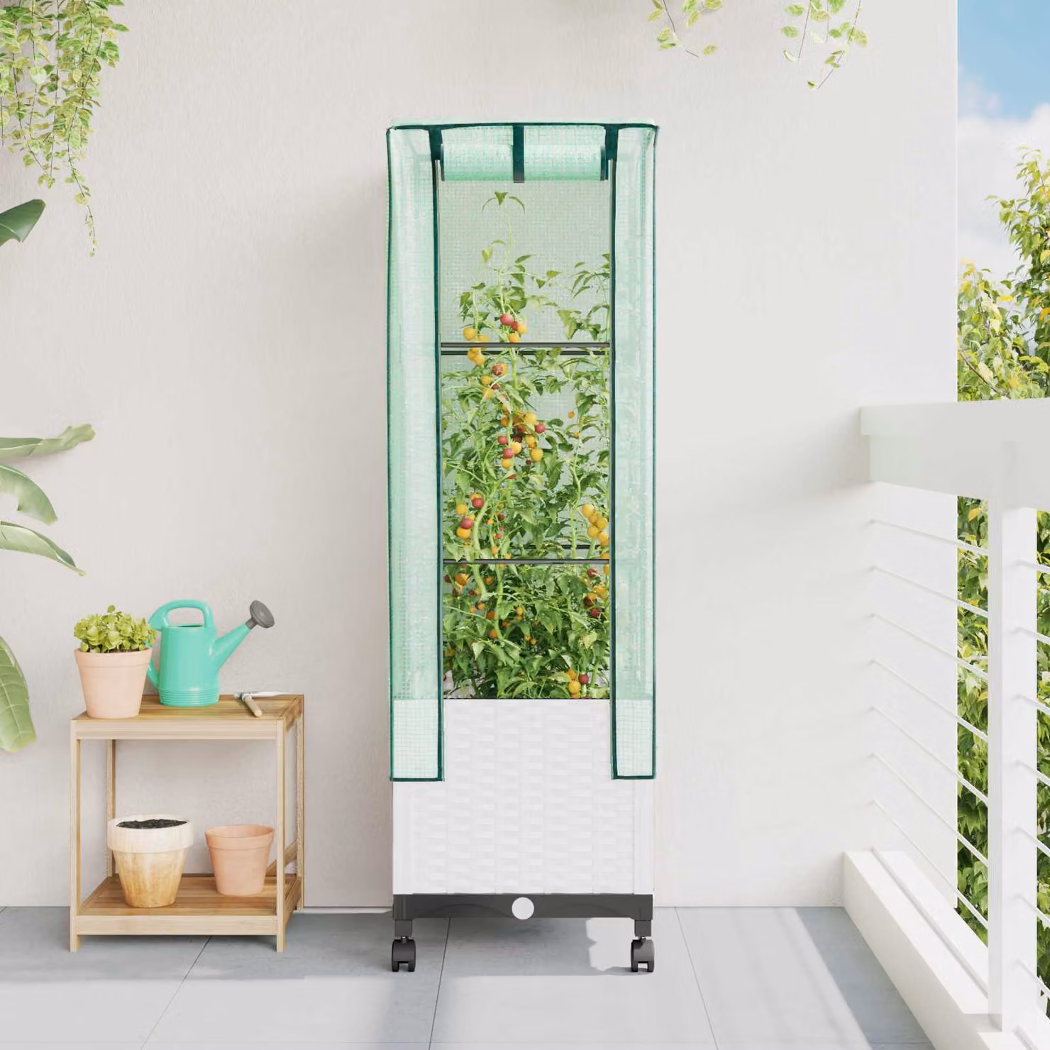vidaXL Vaso da Giardino con Copertura per Serra e Ruote, Bianco, in Plastica