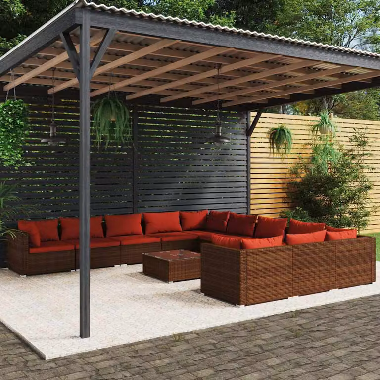 vidaXL Set Divani da Giardino 12 pz a forma di U con Cuscini e Tavolino da Esterno in Polyrattan Marrone e Rosso