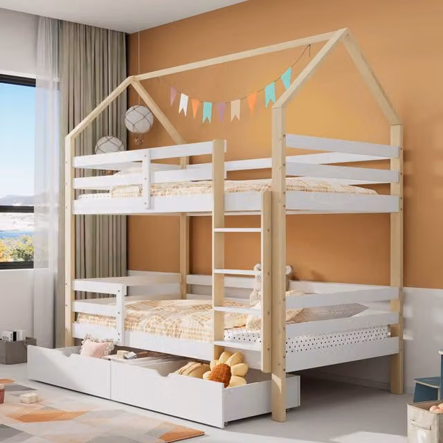 Letto a casetta per bambini in pino 90x200 cm con grandi cassetti - Bianco e colore legno, senza materasso