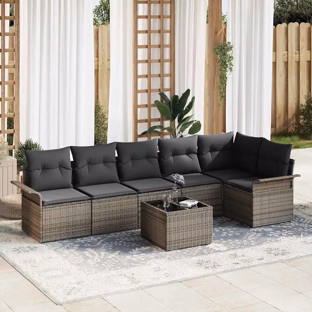 Set Divano da Giardino a L vidaXL in Polyrattan Grigio con Cuscini e Tavolino da 7 Pezzi – 1