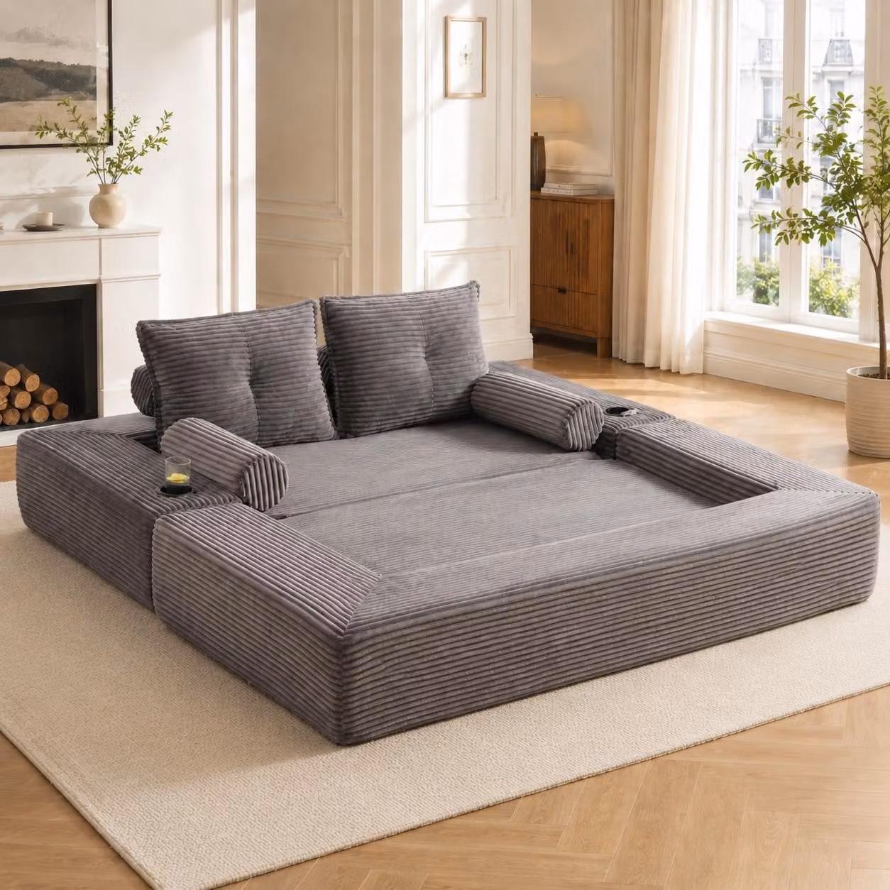 Poltrona relax MODFU con cuscino per lo schienale, tasche laterali e portabevande, divano a 2 posti in velluto, divano modulare con braccioli rimovibili, trasformabile in letto, grigio scuro