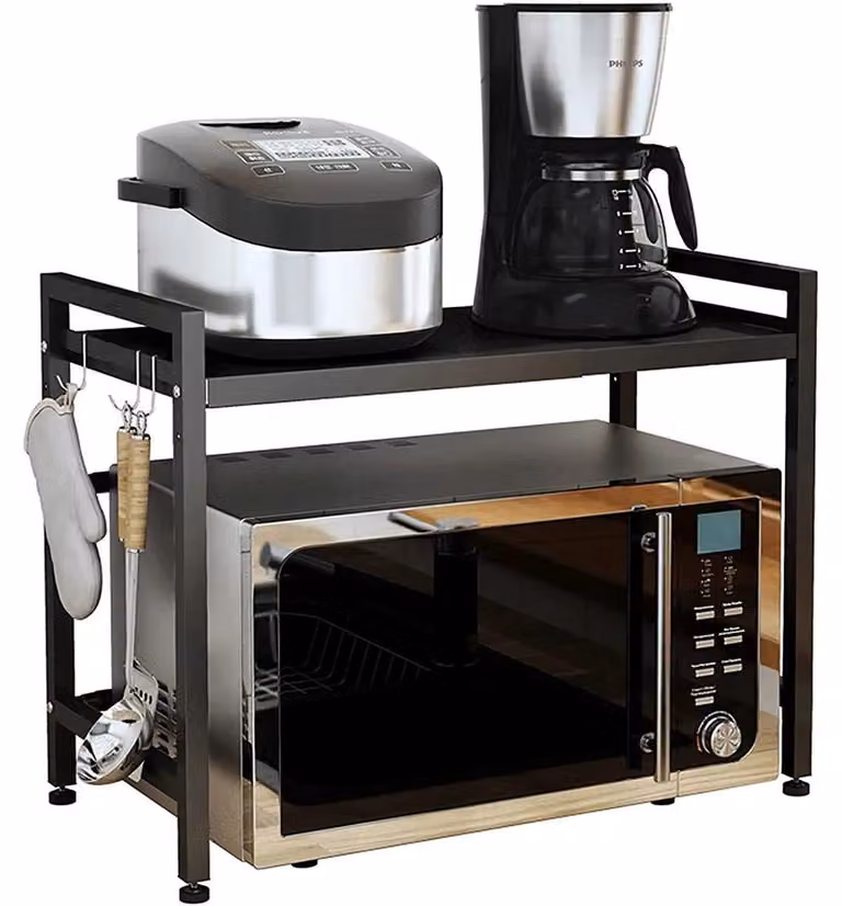 Ripiano per microonde da cucina - supporto a 2 livelli - estensibile e regolabile - piano in acciaio per piano di lavoro - con 6 ganci - sistema di stoccaggio multifunzionale - colore nero