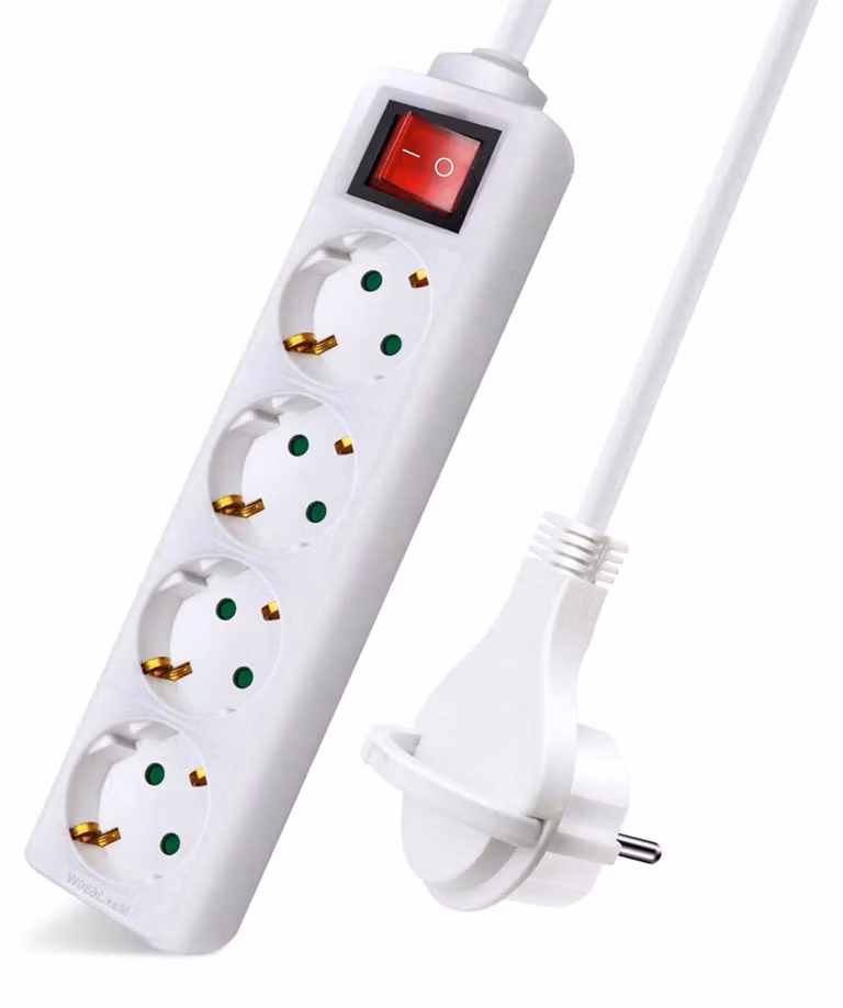 Multipresa EXTRASTAR con 4 prese e interruttore, cavo da 1,5 m, spina piatta, per casa, ufficio e viaggi, 16 A, 250 V, 3680 W, bianco