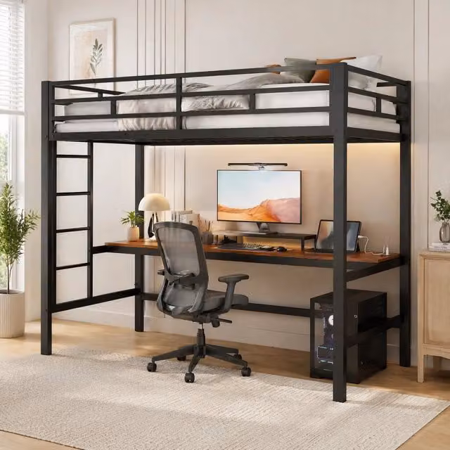 Letto a soppalco 90x200 cm in metallo e MDF con scrivania; luce LED APP; USB e presa; nero