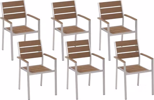 Set di 6 sedie da giardino Beliani marroni con schienale a doghe in alluminio anodizzato e braccioli, impilabili per esterno