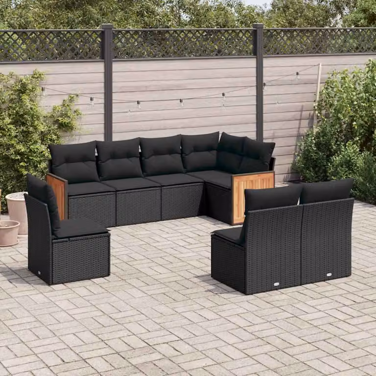 vidaXL Set Divani da Giardino a L in Polyrattan Nero con 8 Cuscini Imbottiti e Rivestimenti Rimovibili