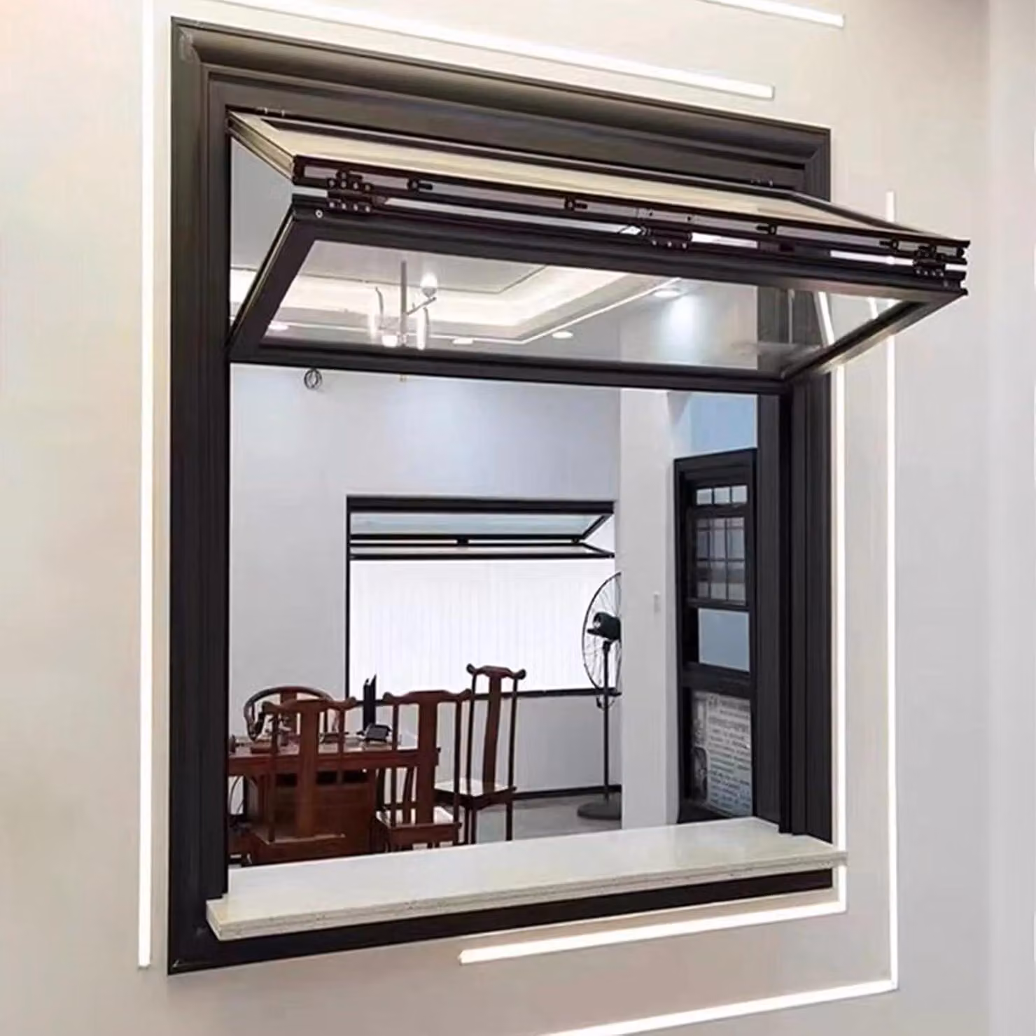 Finestra scorrevole in alluminio nero, regolabile, arrotolabile, pieghevole e scorrevole, con sistema di fissaggio a doppia staffa, ideale per vetrine di caffè e fioristi, dimensioni 91,4 cm