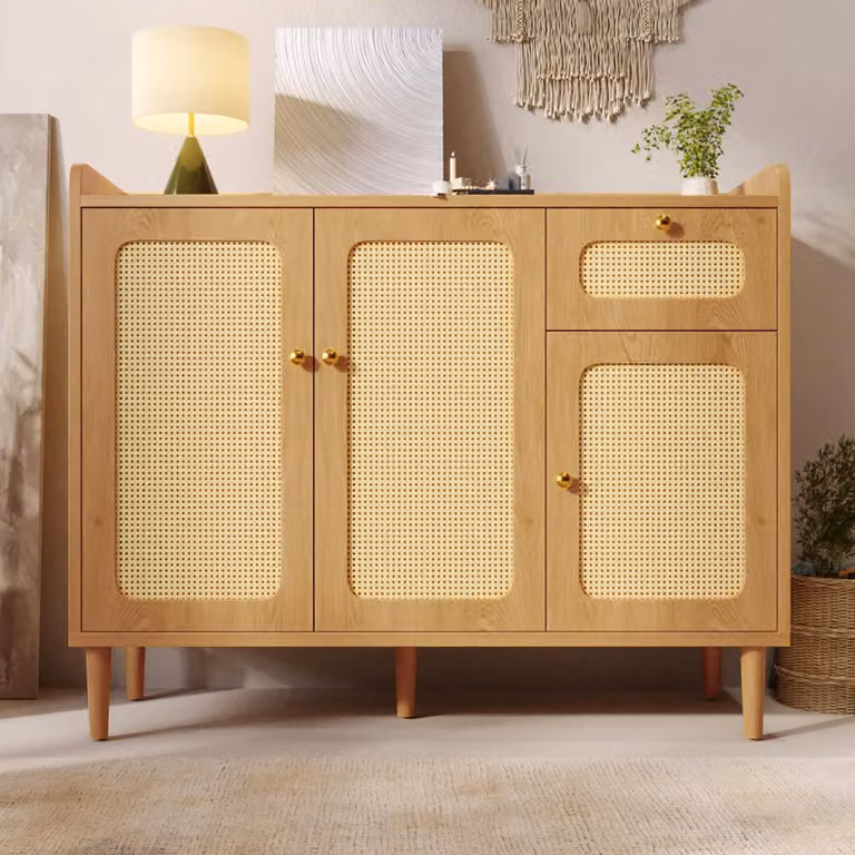 Mobile contenitore laterale Merax con decorazioni in rattan, credenza con 3 ante e 1 cassetto, armadietto contenitore con chiusura ammortizzata, ideale per soggiorno, cucina o ingresso, finitura effetto legno di quercia