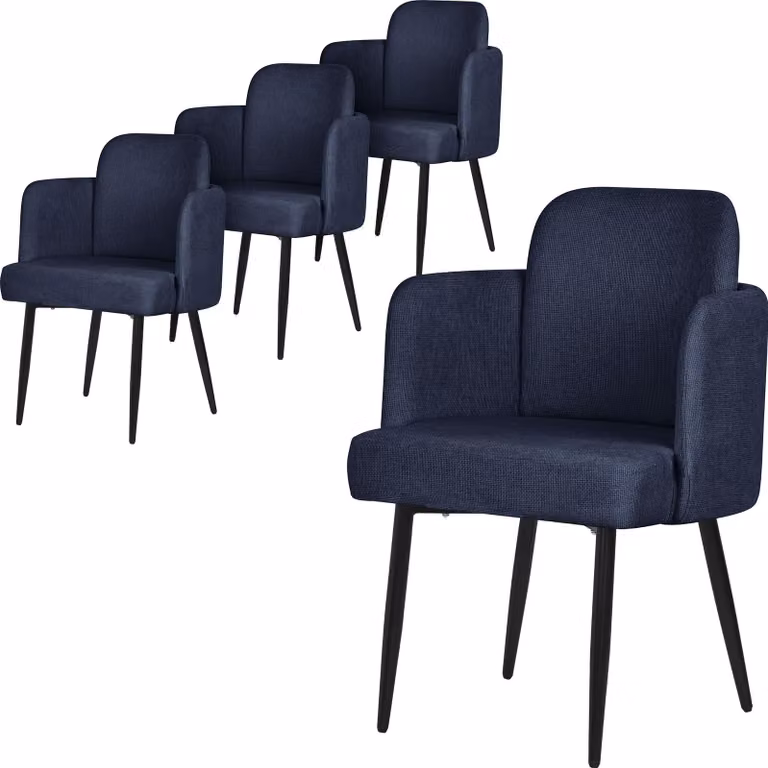 ML-Design set di 4 sedie da pranzo Rivestimento in tessuto blu scuro Sedia da cucina con braccioli e schienale in rattan Sedia imbottita con gambe in metallo Ergonomica