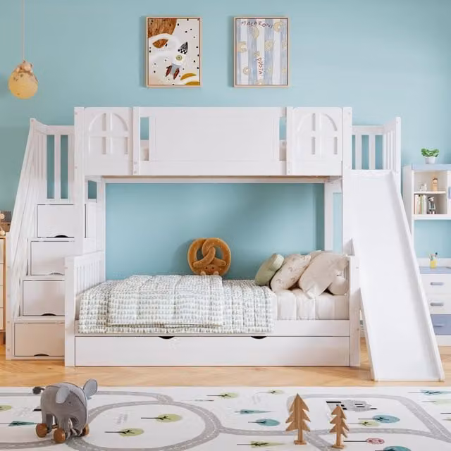 Letto a castello per bambini con finestra, scivolo, cassetti su ruote, scala con corrimano e 4 armadietti, pino e MDF - Bianco 90x200 cm