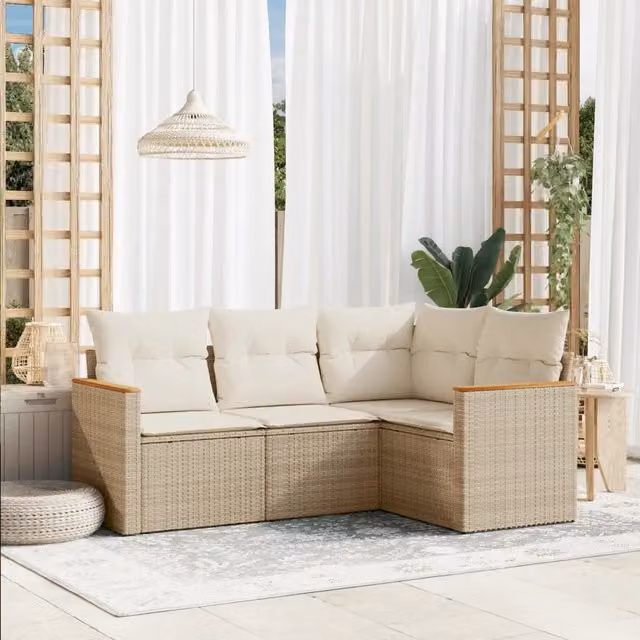 Set Divano da Giardino a L vidaXL in Polyrattan con Cuscini Beige e Struttura in Acciaio, 4 Pezzi
