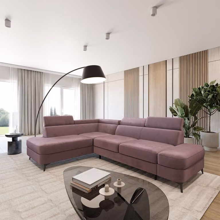 Divano ad angolo Masseno AVISE M L-S con funzione letto a L, divano con contenitore, divano da salotto, divano, divano letto, set divani - Viola, MONOLITH 62