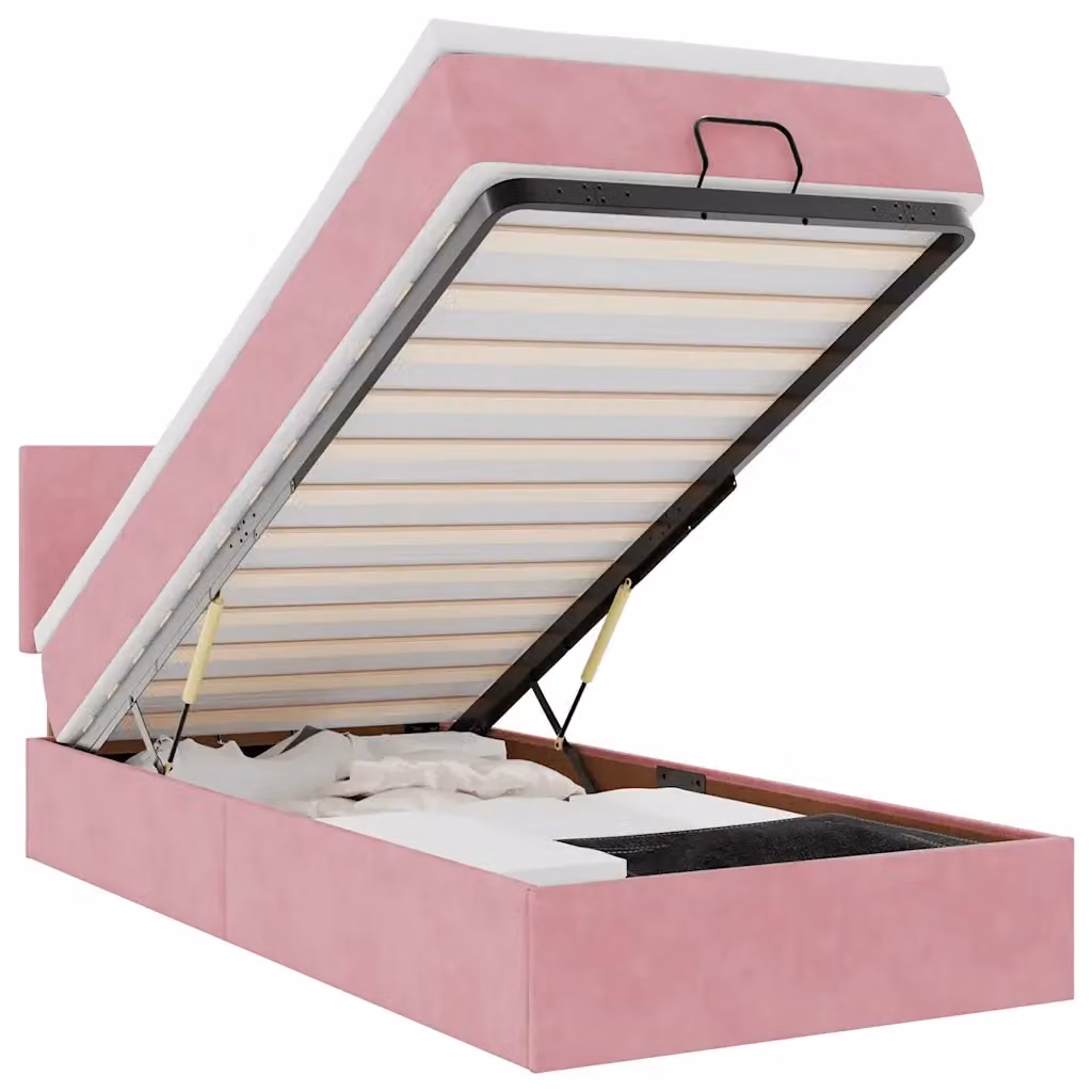 Letto con contenitore a sollevamento vidaXL in velluto rosa e bianco con materasso L: 90 cm, P: 200 cm, H: 88 cm – 2