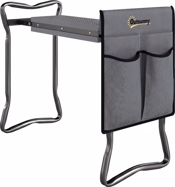 Sedia inginocchiatoio 2 in 1 Outsunny in acciaio con borsa portaoggetti e cuscino in EVA, Grigio e Nero, L: 58 cm, P: 28 cm, H: 49 cm