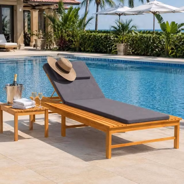 Sun Lounger With Dark Grey Cushion & Pad, Solid Acacia Wood
