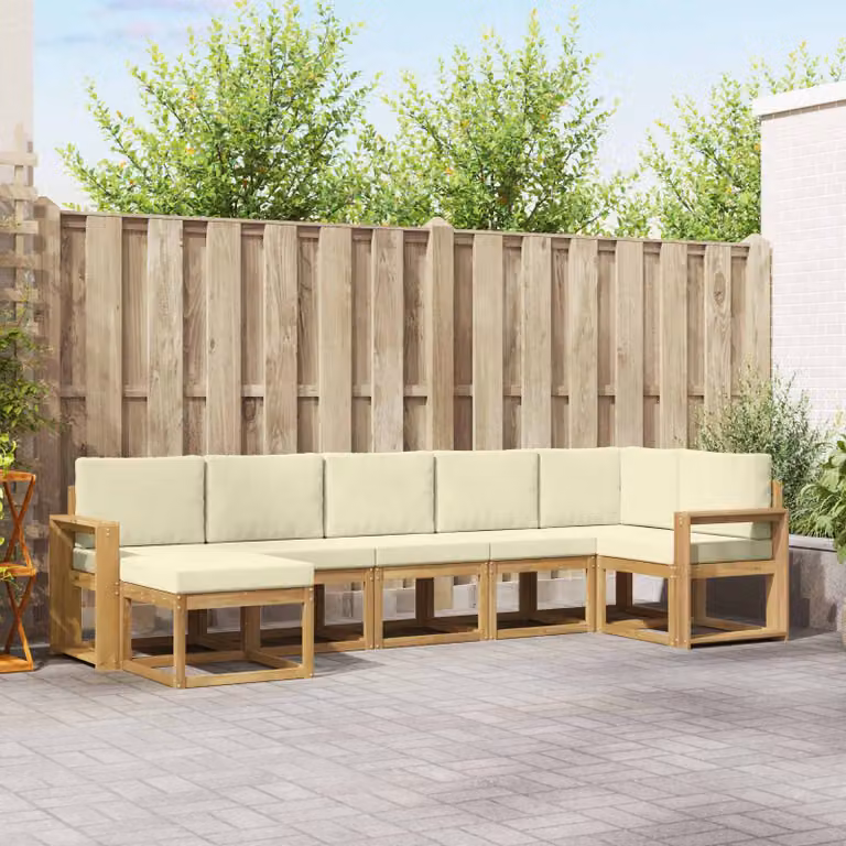 Set di divani da esterno vidaXL a forma di L composto da 7 pezzi in legno di acacia con cuscini in poliestere resistente ai raggi UV, colori bianco, beige e marrone