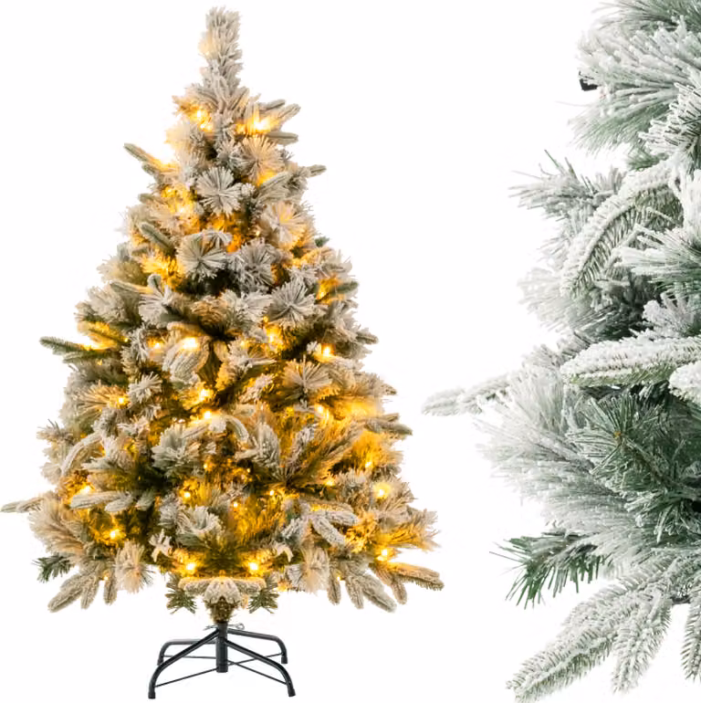 COSTWAY Albero di Natale artificiale 136 cm con neve, albero di Natale con 150 LED bianchi caldi, 384 punte di rami misti, albero di Natale artificiale