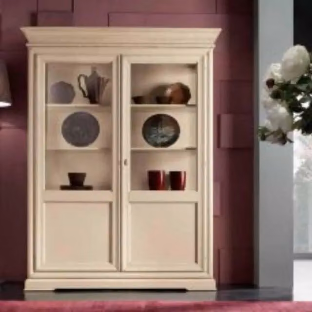Vetrina KIVIO in legno e vetro con ante in vetro stile shabby chic colore bianco L: 165 cm, P: 50 cm, H: 215 cm