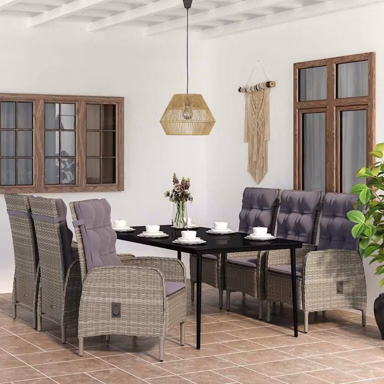 Set da pranzo da giardino vidaXL in polyrattan con tavolo in vetro e 7 pezzi, Grigio e Nero