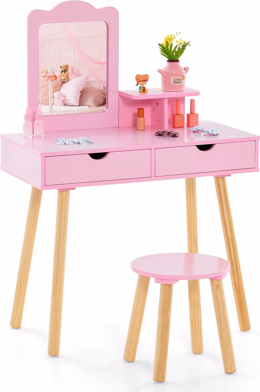 Set da toeletta e scrivania per bambini con specchio rimovibile, rosa
