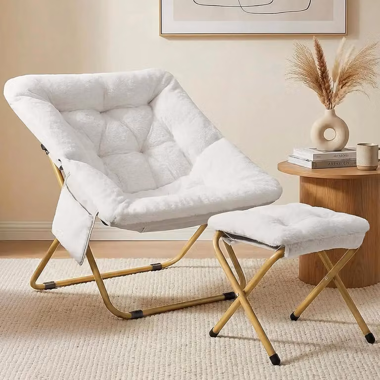 Poltrona reclinabile con poggiapiedi - Poltrona relax - Imbottita - Rivestita in tessuto - Pieghevole - Struttura in metallo - 72 x 76 x 78 cm - Bianco