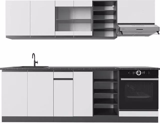 Cucina componibile moderna Vicco R-Line in legno Bianco e Antracite con ante in vetro e illuminazione integrata L: 240 cm – 1