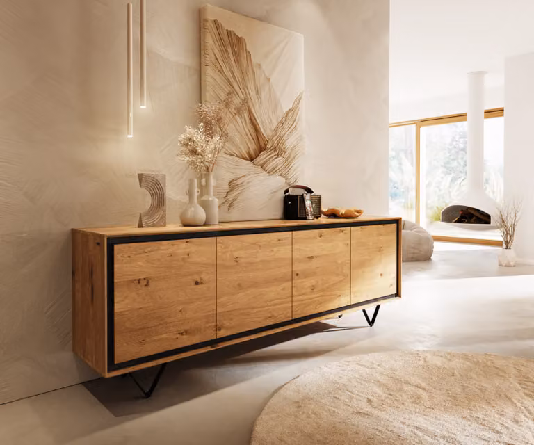 Credenza DELIFE Stonegrace 200 cm, rovere naturale, 4 ante, impiallacciatura pietra, piedini a V, metallo nero
