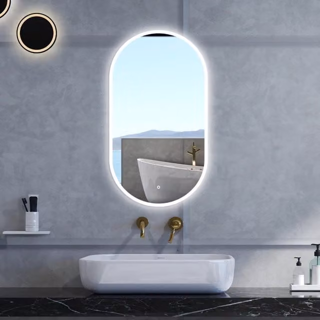Specchio da bagno ovale AICA ITALY con retroilluminazione LED dimmerabile, funzione memoria e antifog, L 90 cm x H 50 cm, colore argento