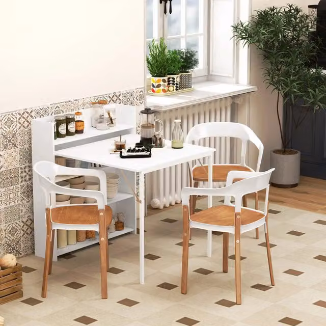 Tavolo da pranzo pieghevole con 3 ripiani interni in legno bianco 78.5 × 91 × 93 cm