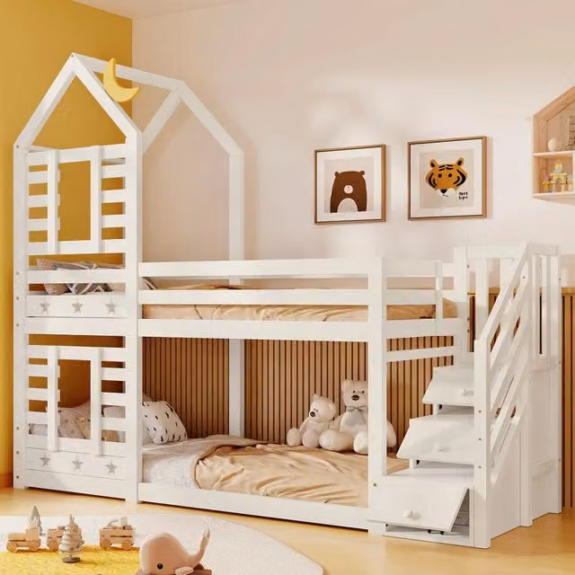 Letto a castello REDOM in legno bianco per bambini con 3 cassetti e scala, L/P/H: 90 x 200 cm