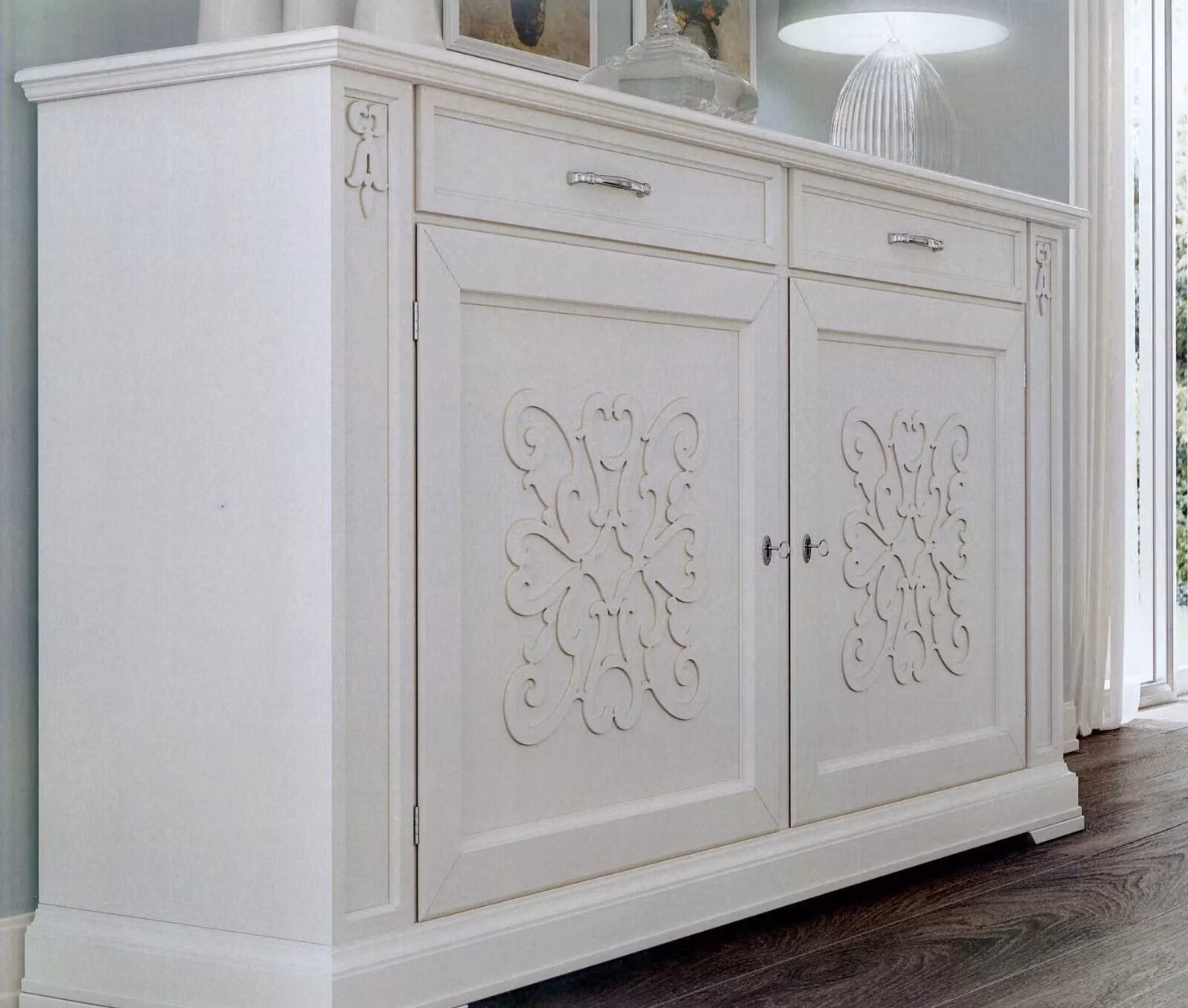 Credenza classica shabby bianco con decoro in legno Mobili 2G L: 184 cm, P: 50 cm, H: 106 cm – 2