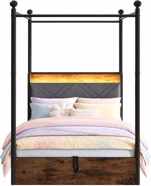 Letto singolo 90x190 cm con contenitore idraulico; LED; USB-C e struttura a baldacchino