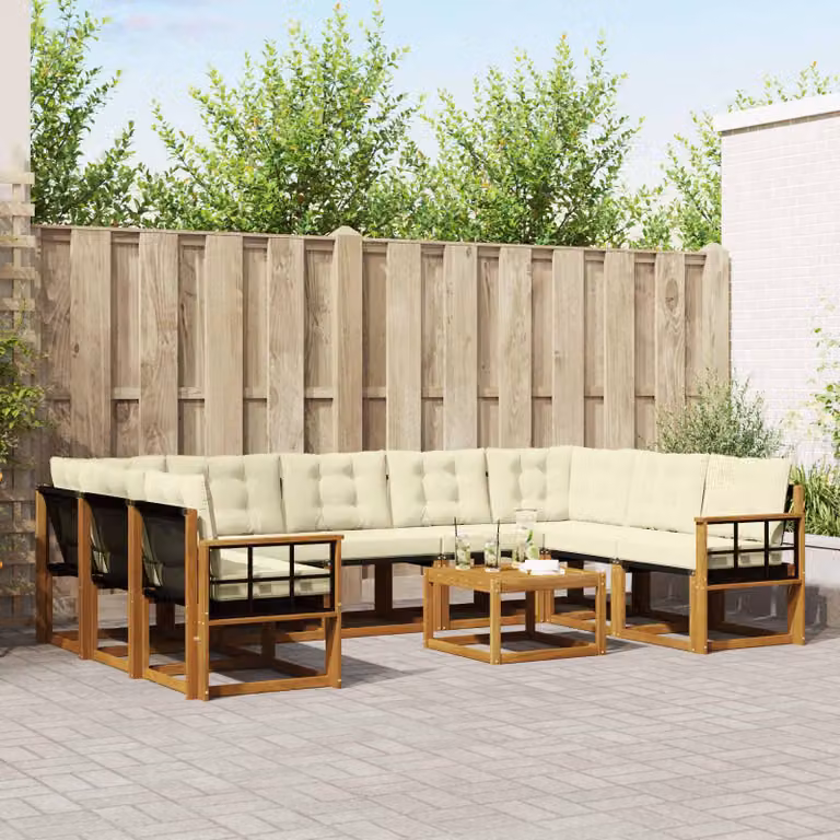 Set di divani da esterno vidaXL in legno di acacia con cuscini beige e bianchi, composizione a L con tavolino da giardino