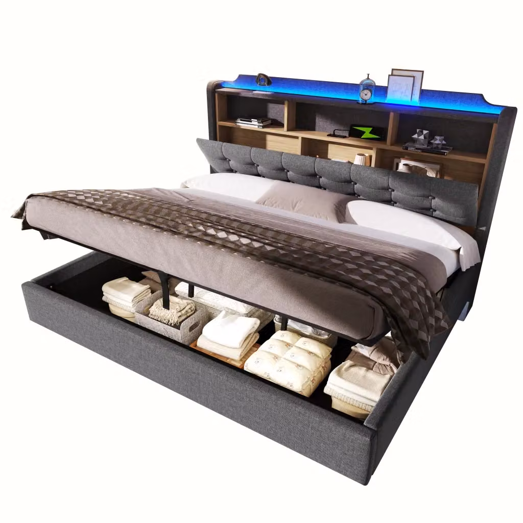 Letto matrimoniale contenitore moderno in tessuto con illuminazione LED, porte USB e Type-C, vano contenitore a sollevamento idraulico e mensola integrata, Grigio, L: 180 cm x P: 200 cm – 2