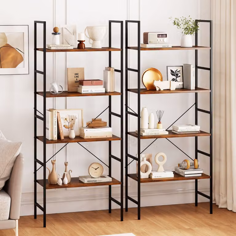 Libreria Costway a 5 ripiani in stile industriale con struttura in metallo e mensole in legno, colore marrone, Altezza: 160 cm