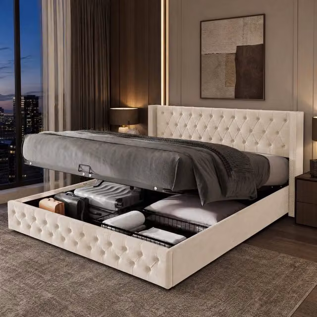 Letto con contenitore Mivray in velluto beige con sollevamento idraulico e rete a doghe inclusa L/P: 180 x 200 cm – 1