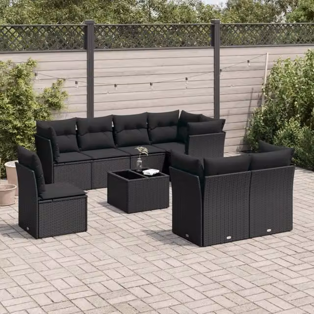 Set Divani da Giardino 9 pz con Cuscini Nero in Polyrattan 3217935