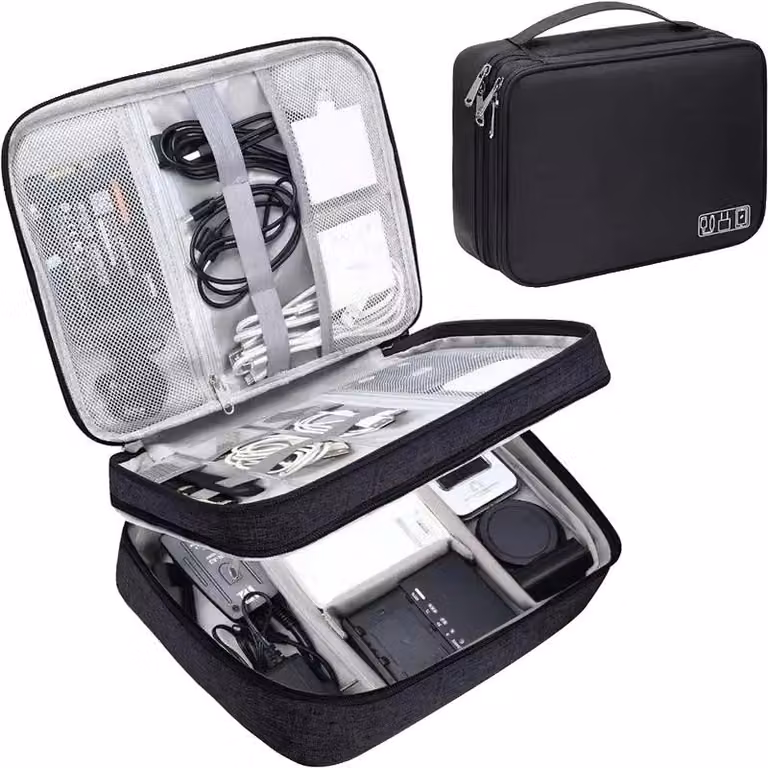Borsa per l'organizzazione dei cavi, realizzata con materiali ecocompatibili, design compatto, colore nero, 2 scomparti