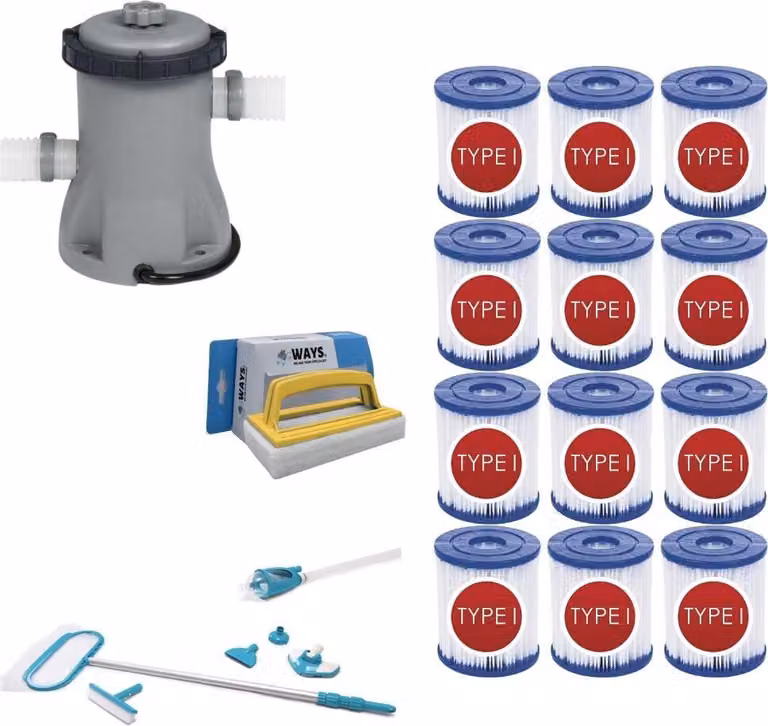 WAYS - Cura della piscina - Set per la manutenzione Deluxe & pompa filtro 1249 L/h & 12 filtri tipo I & spazzola WAYS